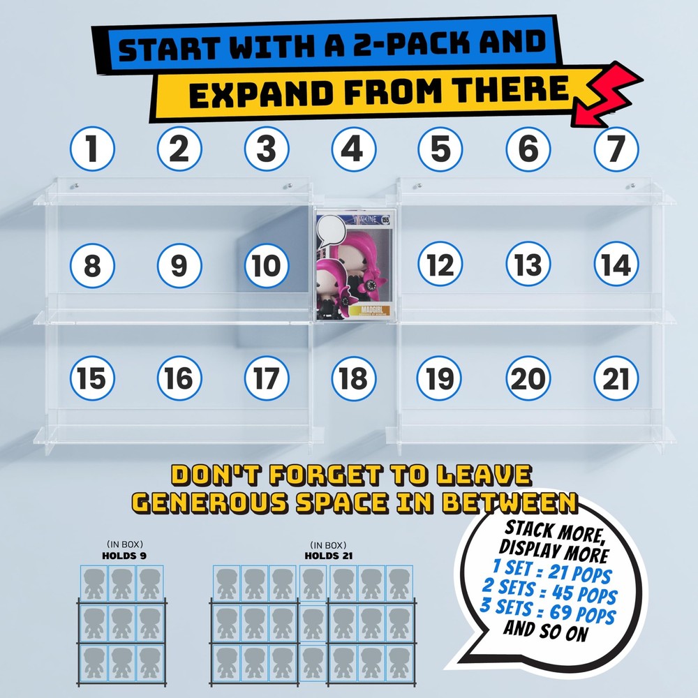 2x Acrylic Floating Shelves for 21 Funko Pops - Easy Install, Stackable Display