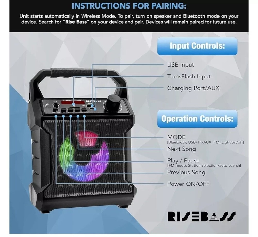 Portable Bluetooth Speaker Karaoke Machine System +Microphone Party Light /Strap