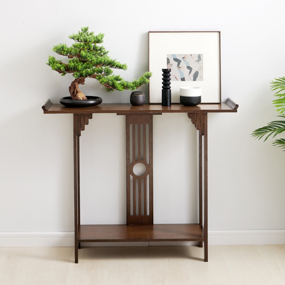 2 Tiers Long and Narrow Side Table Slim Accent Table Versatile Bamboo Table