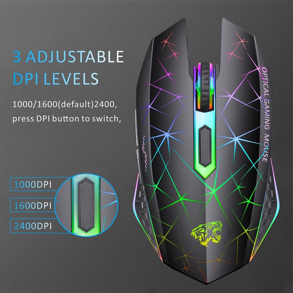 V7 Wireless Gaming Mouse, Rechargeable LED Wireless Mouse Silent Optical Rain...