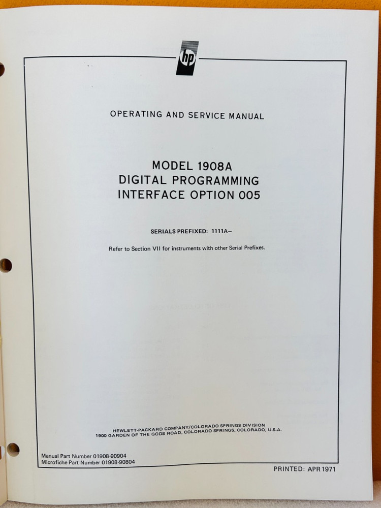 HP 01908-90904 Model 1908A Digital Programming Interface Opt 005 Service Manual.