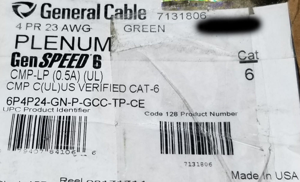 General Cable GenSPEED 6 23/4P Cat6 Network Cable CMP Plenum Green /100ft