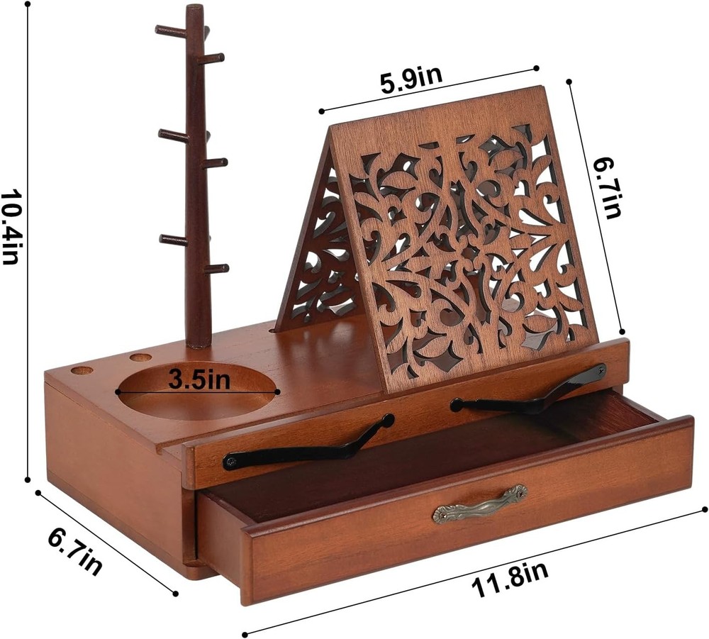 Adjustable Wooden Book Stand with Storage - Multi-Function Hands Free Brown