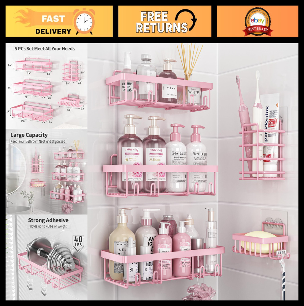 5 Pack Shower Caddy Organizer Rack - Adhesive Wall Storage Basket, Rustproof Sta