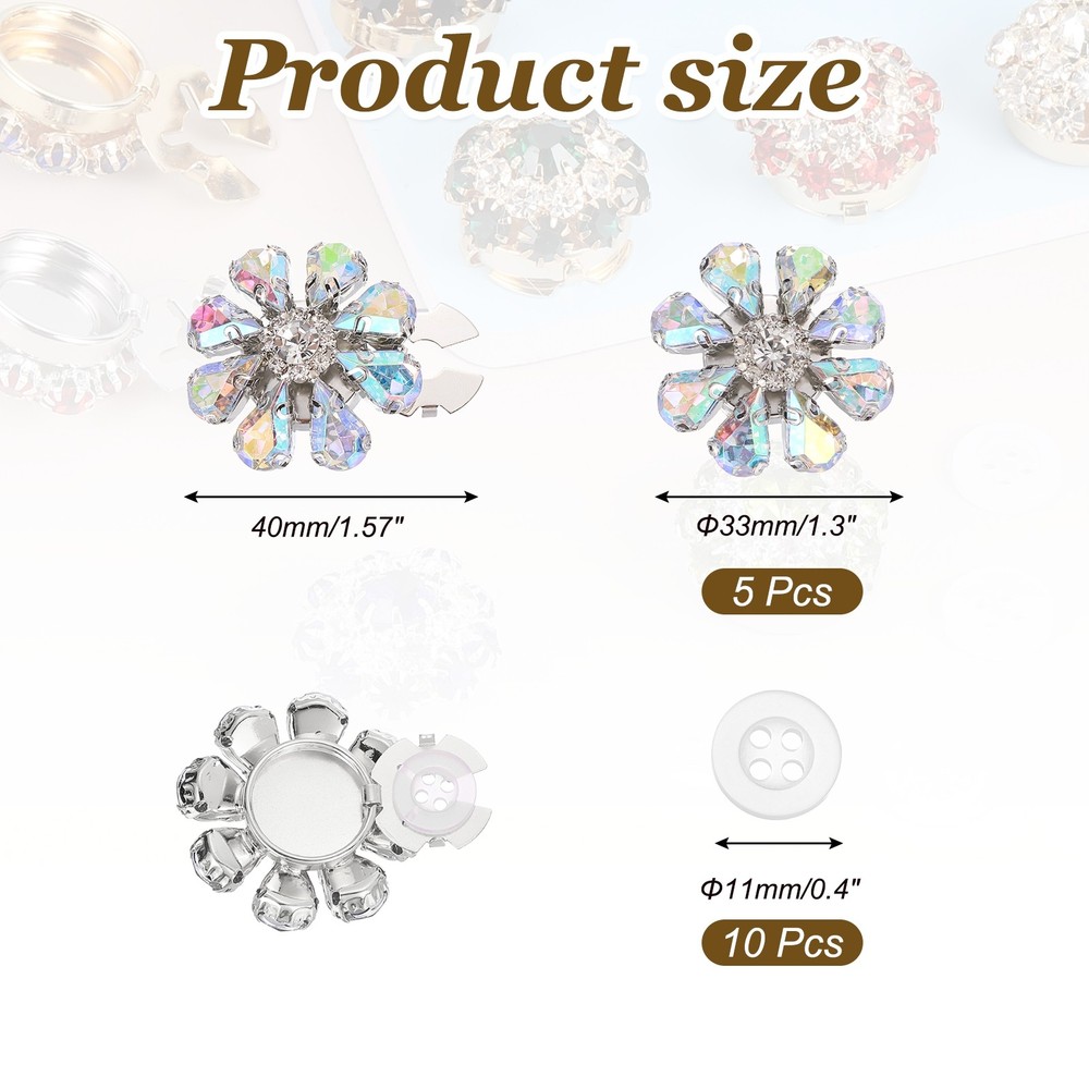5 Pcs Rhinestone Button Covers, Water Drop Buttons, AB Iridescent/Silver