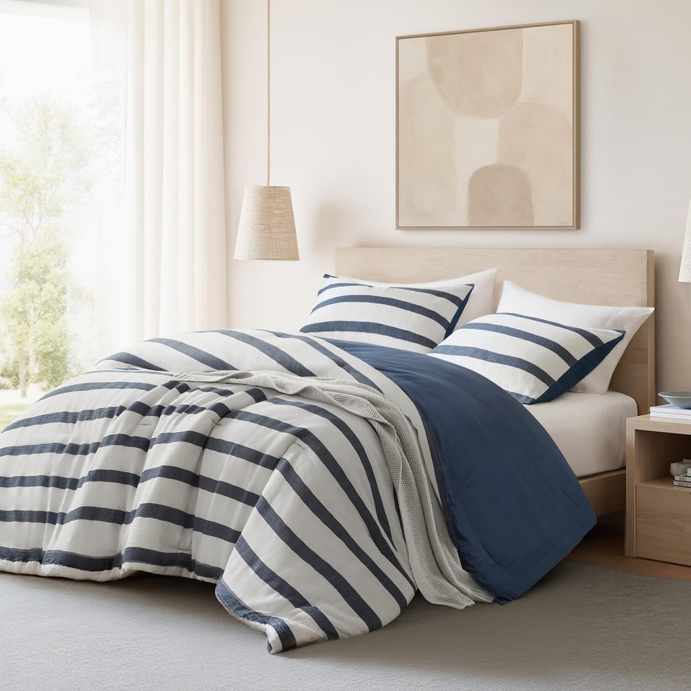 Essentials Striped Comforter Set King Size, Yarn-Dyed Reversible Comforter wi...