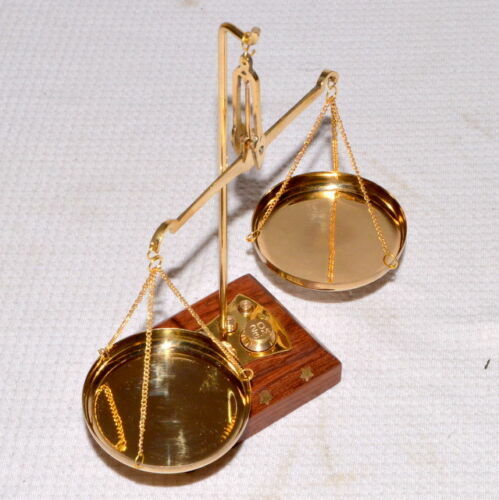 Solid Brass / Wood Small Weighing Scale With Some Weights Great Collectable