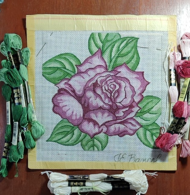 Handpainted Needlepoint Canvas Single Rose Joan Bancel Designer 10x10