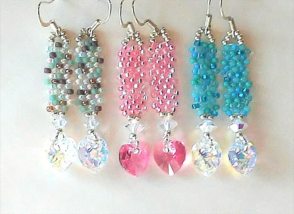 Handmade Pink Crystal Heart Beaded Earrings