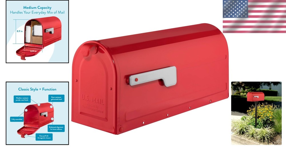 Elegant Medium Red Mailbox - USPS Approved Post Mount, Durable & Weather Ready