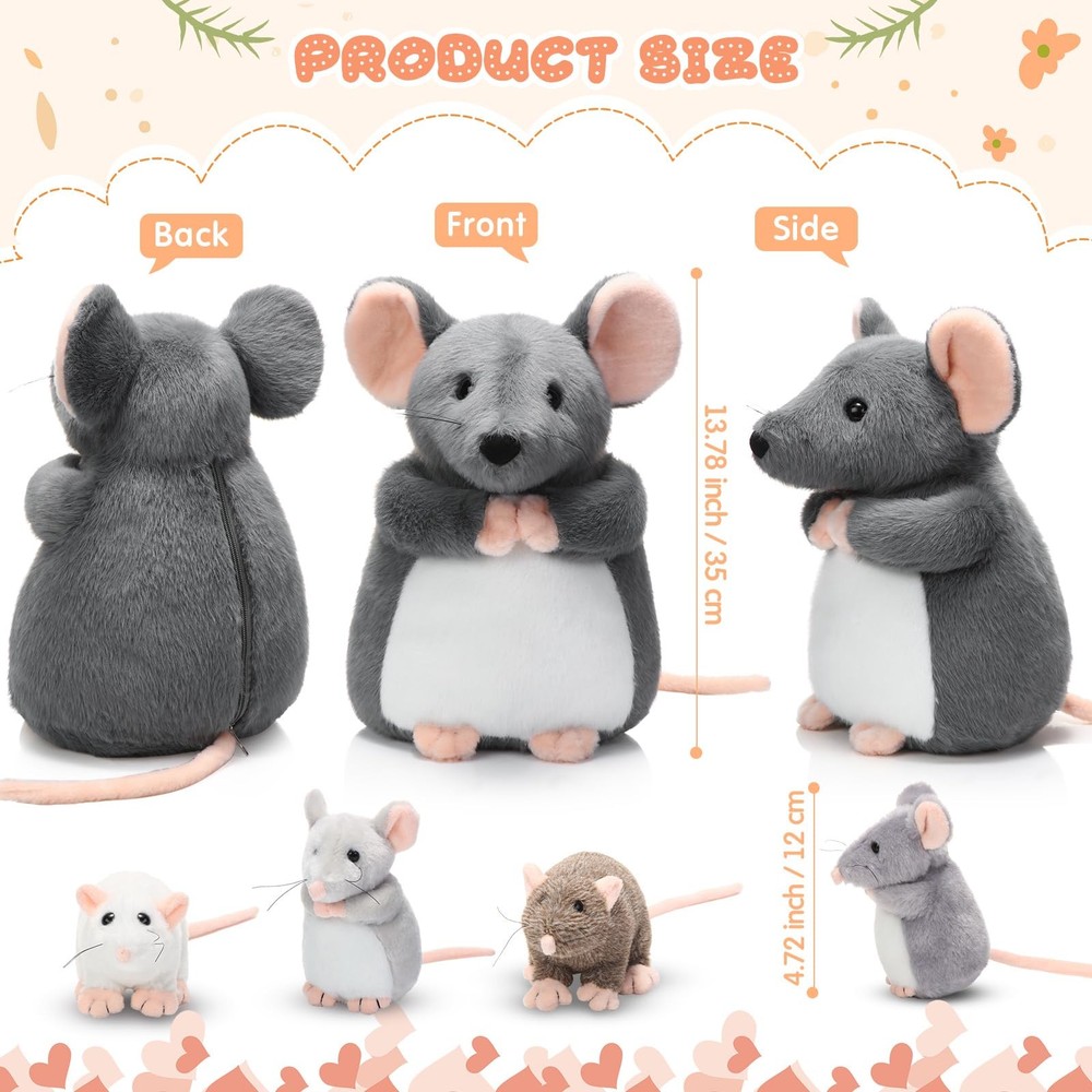 Arrowbash 5-Pc Mouse Stuffed Animals Set - 14" Mommy Rat Plush & 4 Small