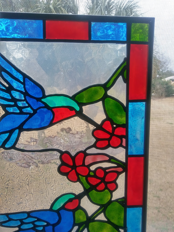 Hummingbird Stained Glass Window Panel Hand Painted