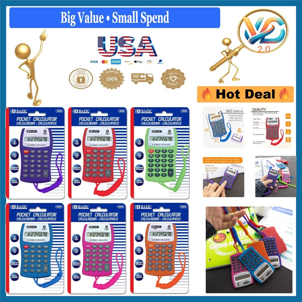 BAZIC Pocket Calculator 8-Digit LCD with Neck String 24-Pack Assorted Colors