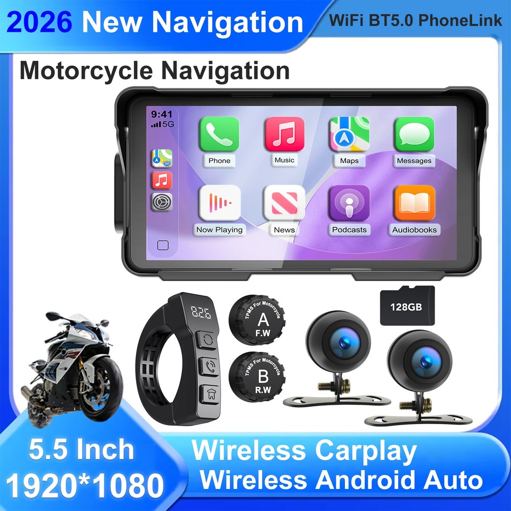 5.5" Motorcycle Dash Cam System Wireless Carplay Android Auto TPMS Waterproof