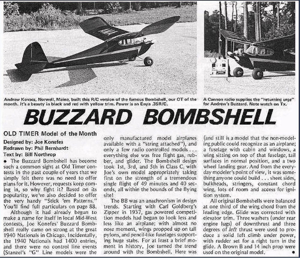 MEN BUZZARD BOMBSHELL PLAN + PARTS PATTERNS & Article for 72" RC Model Airplane
