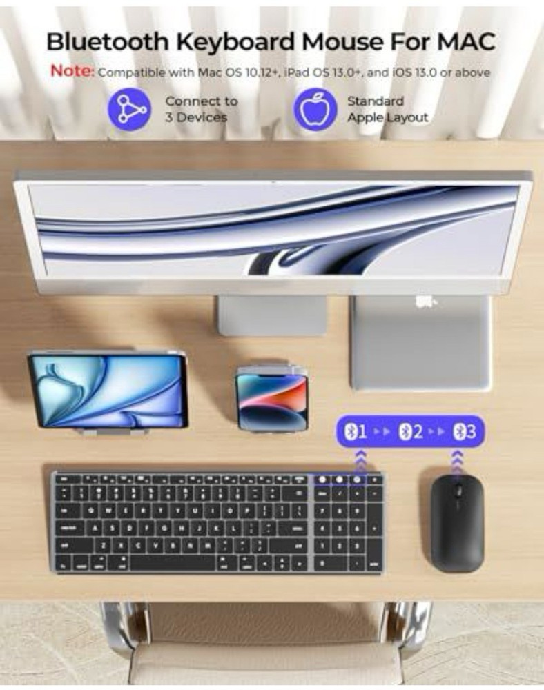 Wireless Bluetooth Keyboard and Mouse for Mac, Multi-Device Space Gray