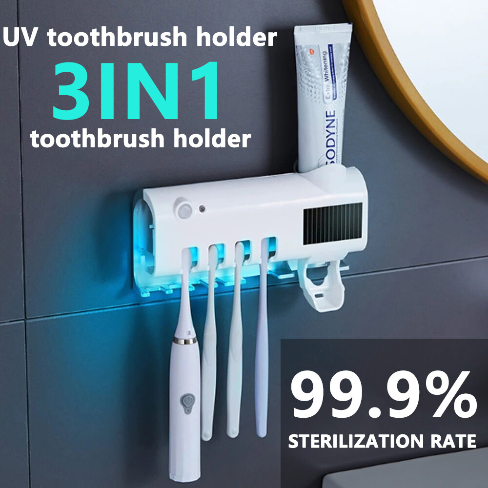UV Light 4 Toothbrush Holder Electric Cleaner Automatic Toothpaste Dispenser