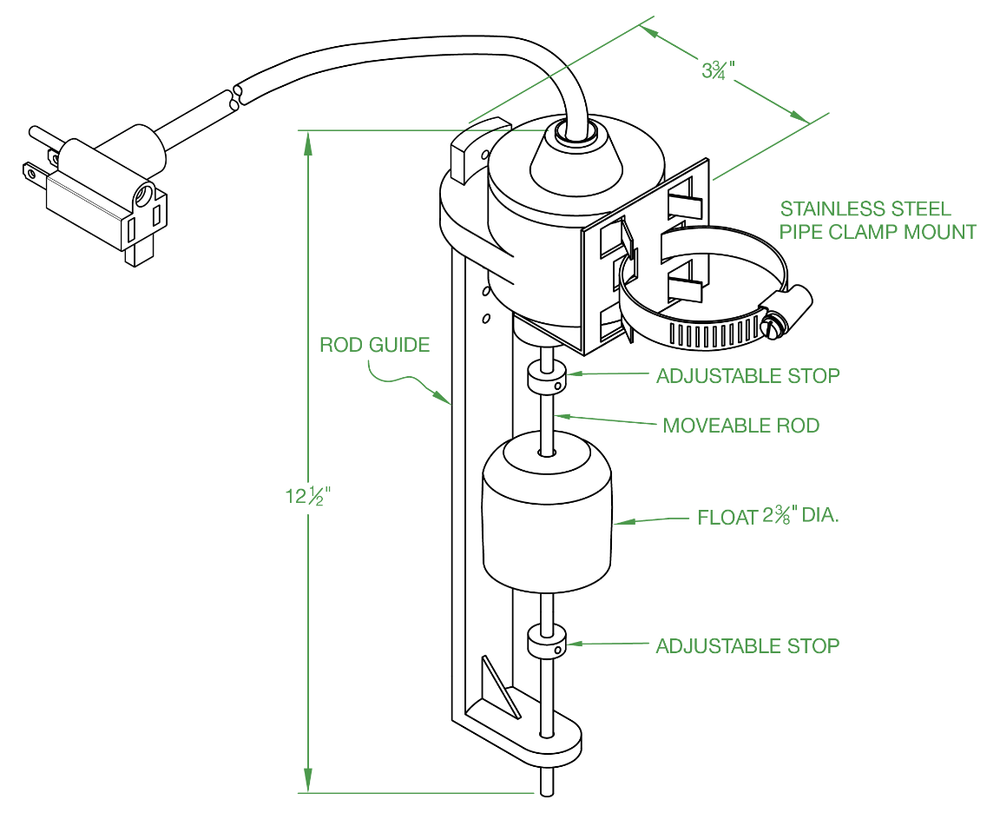Vertical Float Switch - 20 Foot - 1" to 6" Pumping Range - N.O. - 120 VAC