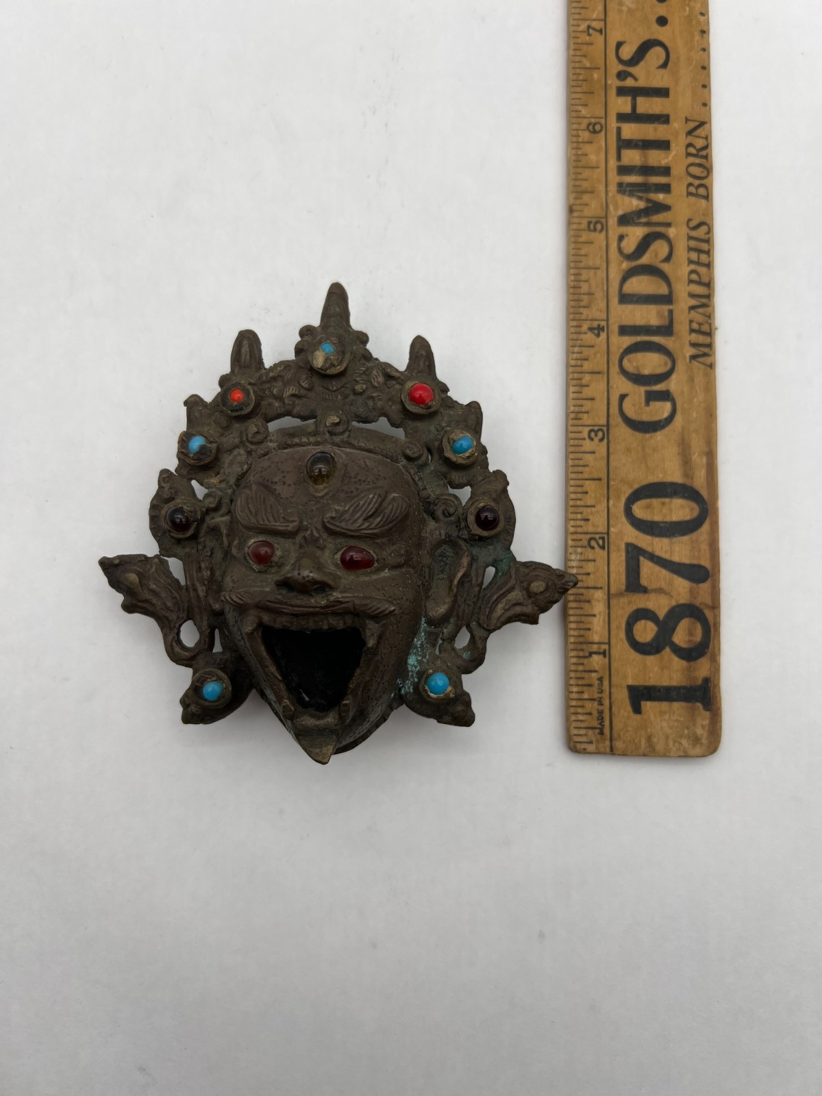Vintage Tibetan Buddhist Bronze Mahakala Mask w Turquoise Coral Inlay