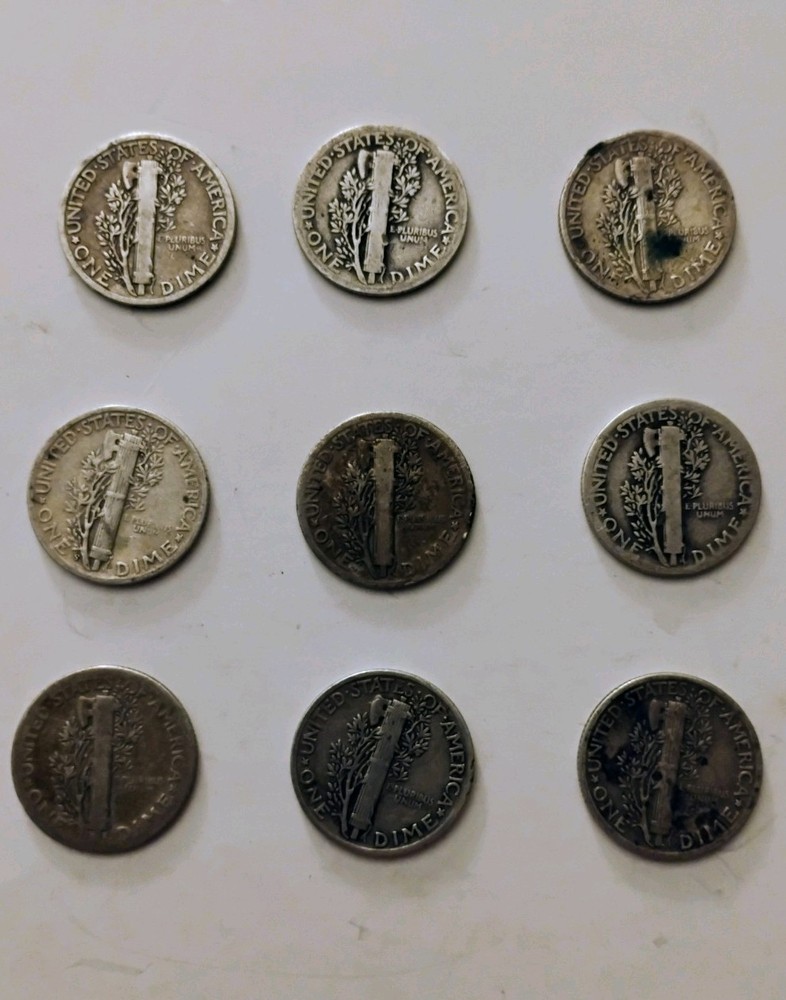 Mercury Silver Dimes 9 Coin Collection. Dates Range From 1923-1945