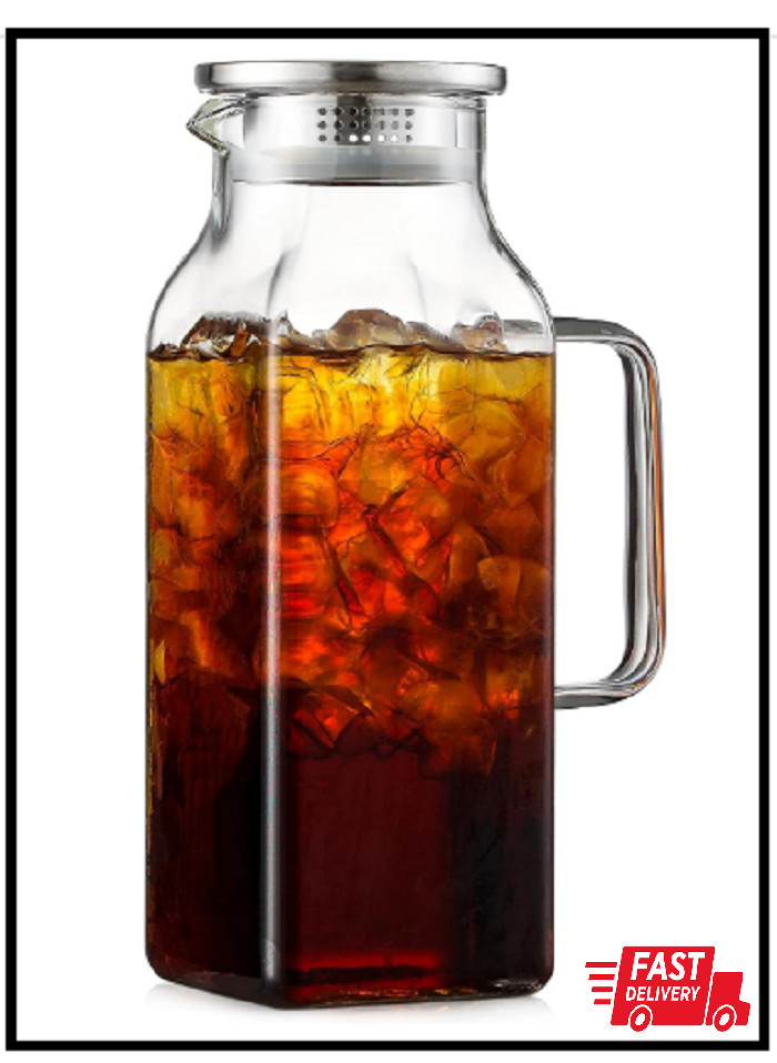 2 Quart (2 Liter 68 oz) Square Glass Pitcher with Lid and Spout, Water Pitchers