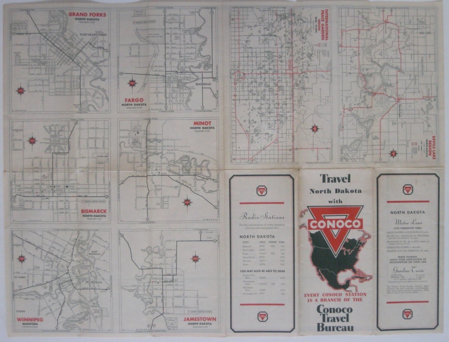1936 CONOCO OIL Road Map NORTH DAKOTA Minot Fargo Bismarck Jamestown Devils Lake