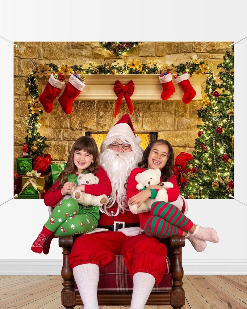 Mocsicka Christmas Fireplace Backdrop 7x5ft, Red, Polyester Red
