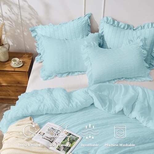 Comforter Set, 3 Pieces Seersucker Comforters Size, King Light Blue