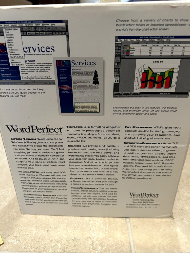 Windows WordPerfect Version 6.0 Word Processor Software, Draw 2.1, & ref chart