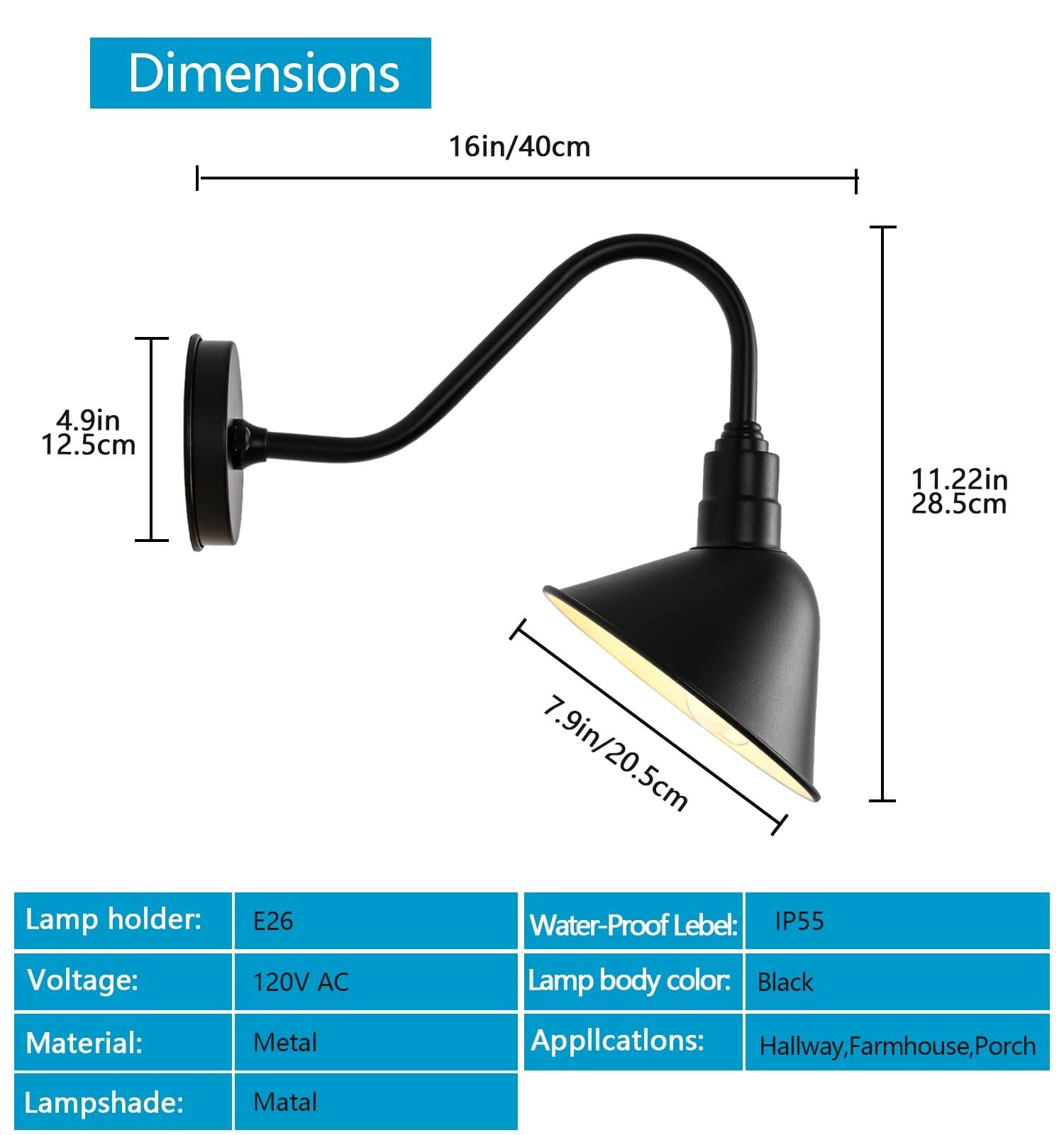 8 Inch Classic Gooseneck Light with Extended Arm, Farmhouse Barn Gooseneck