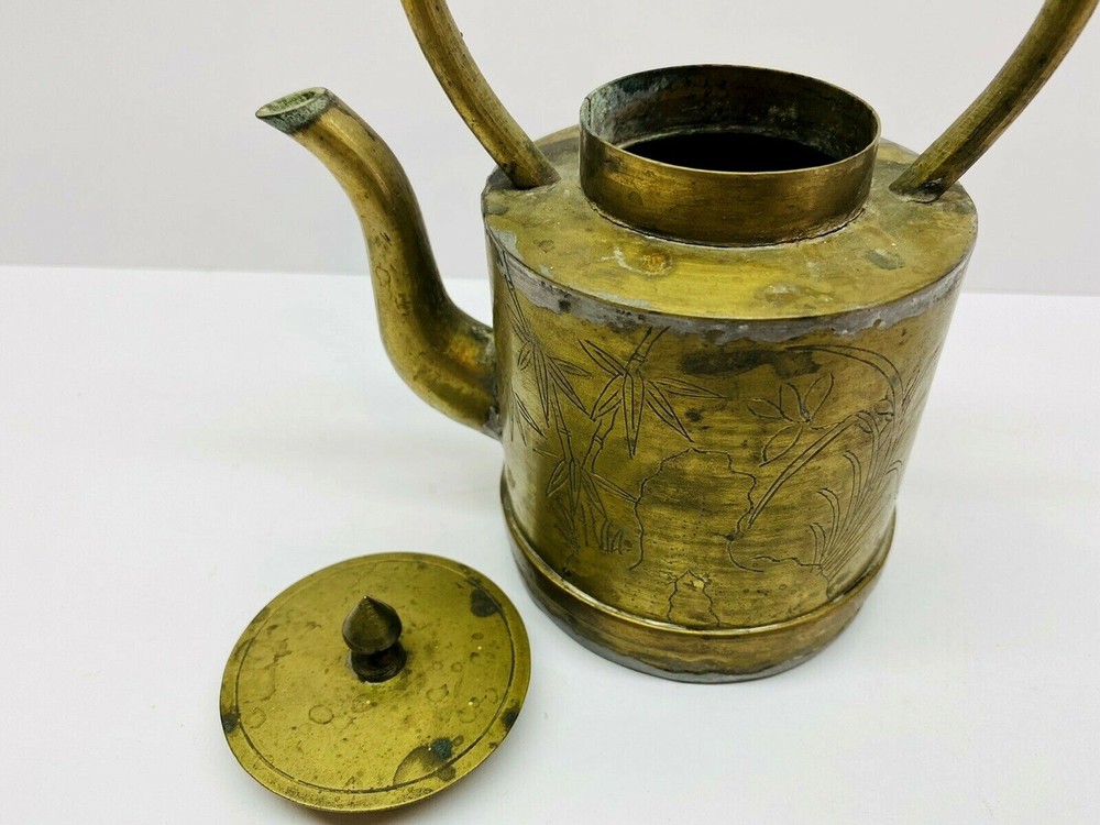Vintage Small Etched Round Brass Tea Pot