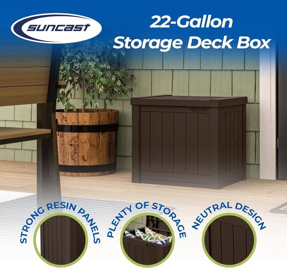 Small Outdoor Storage Box 22 Gallon Java Resin Outdoor Deck Box Flat-Lid Bench