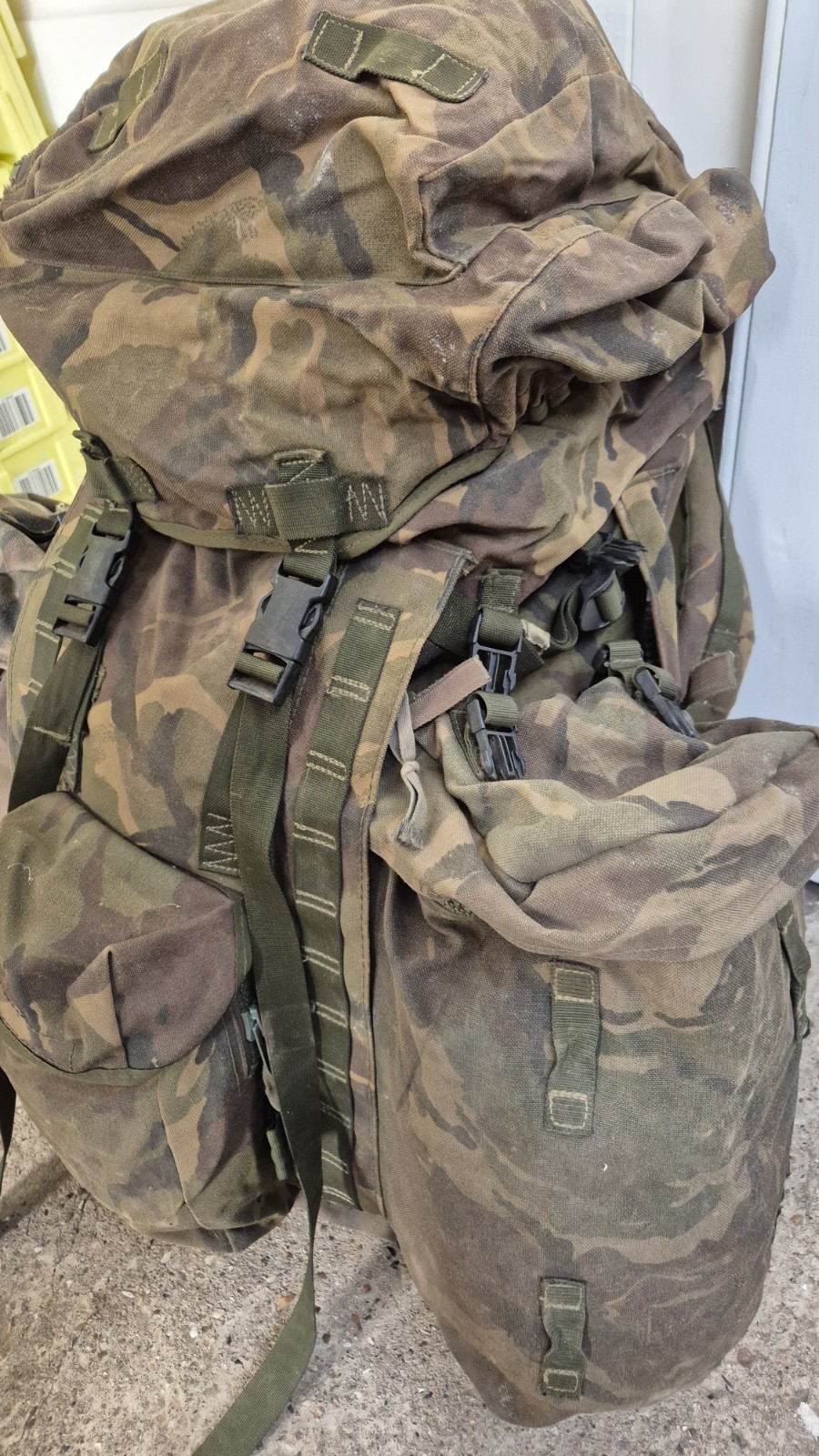 GENUINE BRITISH ARMY BERGEN RUCKSACK DPM LONG BACK 120L SIDE POUCHES +YOKE 1995