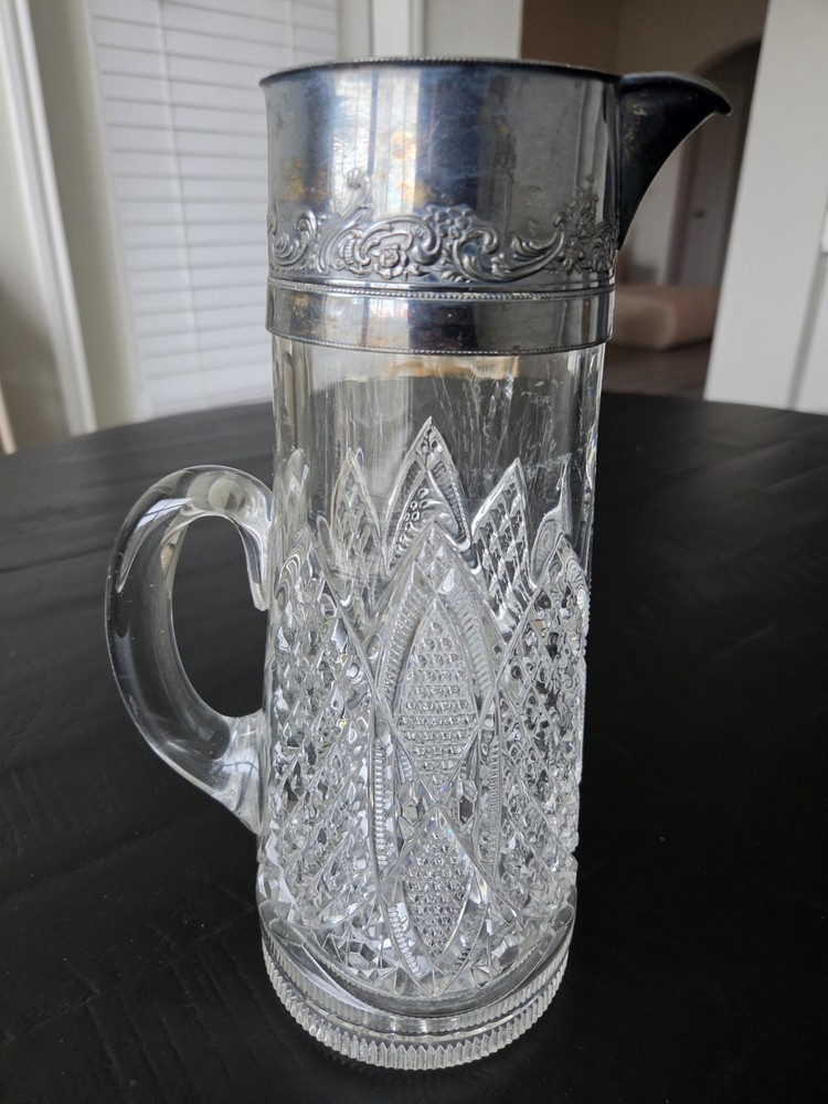 Victorian Style Silverplate Ornate Top Glass Pitcher Diamond Pattern Cut Glass