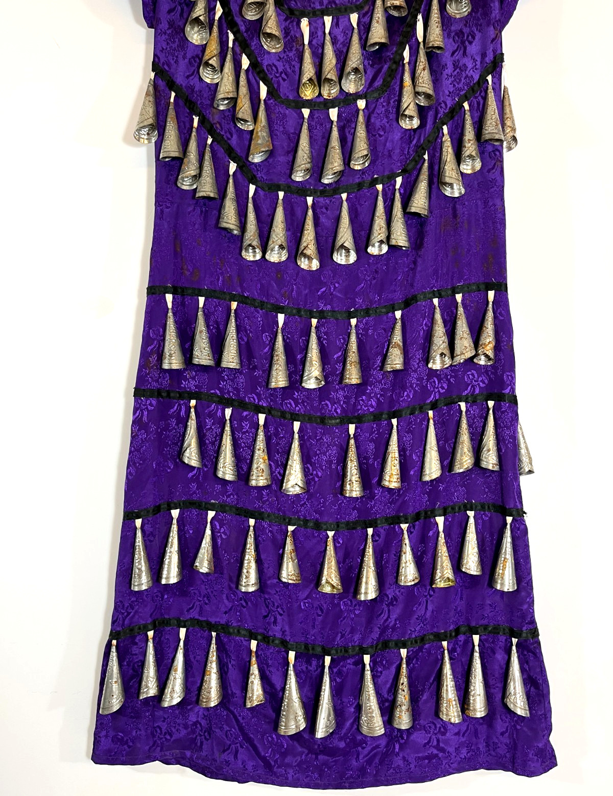 Rare Vintage Ojibwe Jingle Dance Dress Purple Brocade w/ ±175 Tin Cones 1950-60s