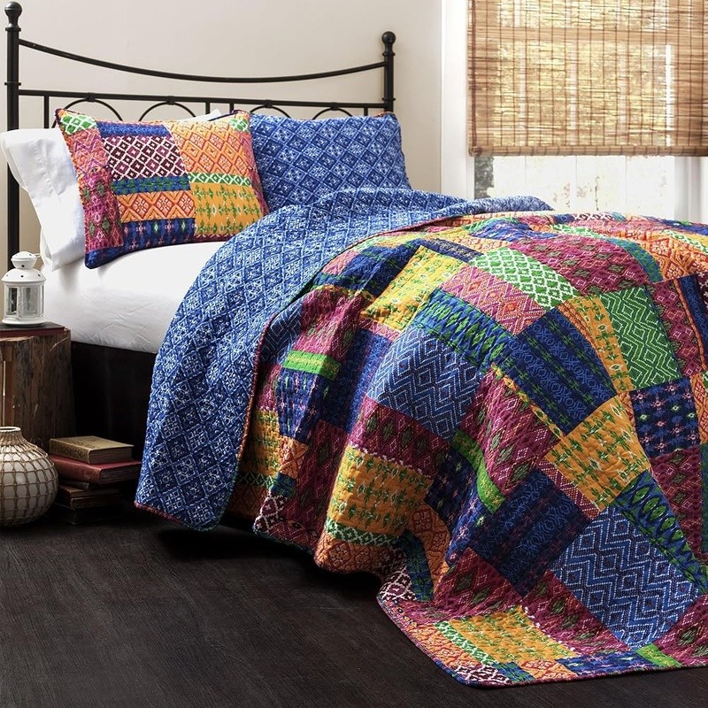 Reversible Cotton King Quilt Set Soft Modern Bedding Patchwork Diamond Design US