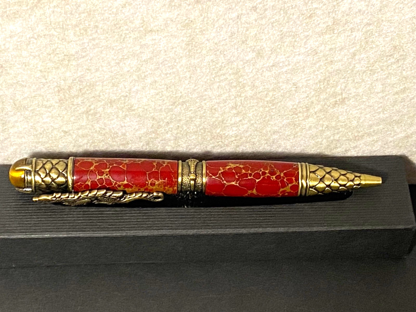 Red Jasper Crouching Dragon Armored Scales Twist Ballpoint Pen Tigers Eye
