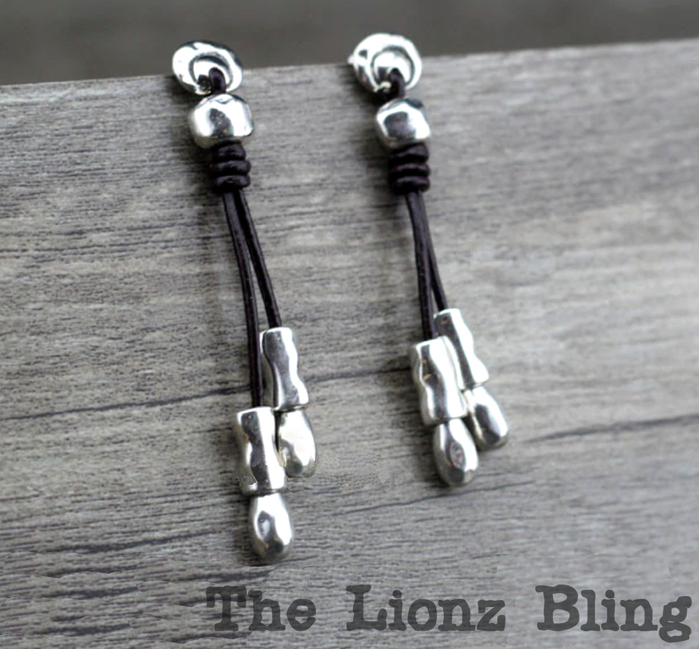 Rustic style Hammered Sterling Silver & Black Leather Dangle Earrings - 2 1/2"