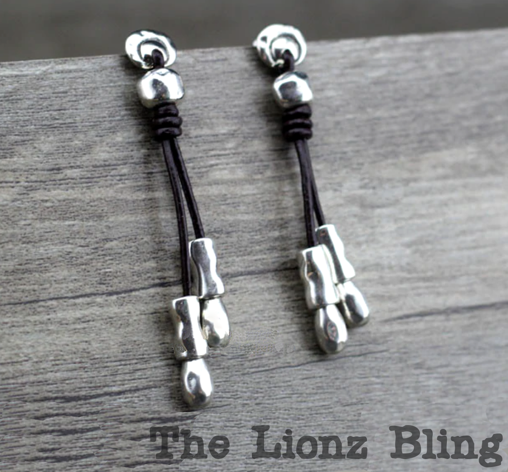 Rustic style Hammered Sterling Silver & Black Leather Dangle Earrings - 2 1/2"