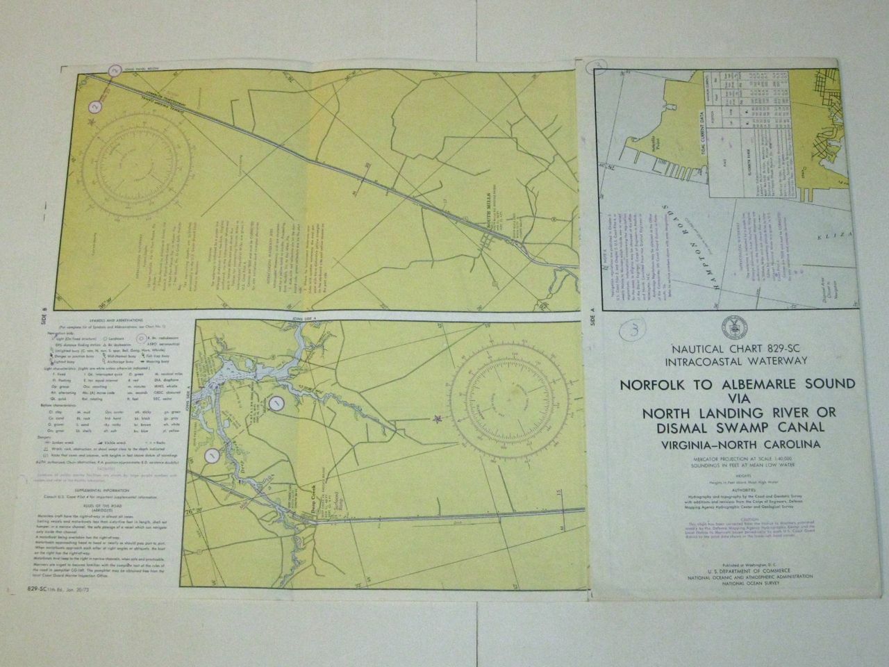Vintage 1973 Nautical Chart 829-SC NORFOLK to ALBEMARLE Sound VA-NC!