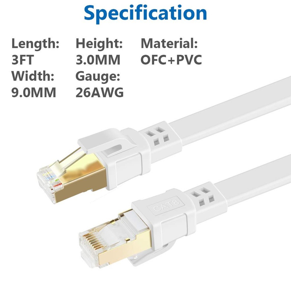 Cat 8 Ethernet Cable 3 ft Flat Internet Network RJ45 Cable Shielded High Spee...