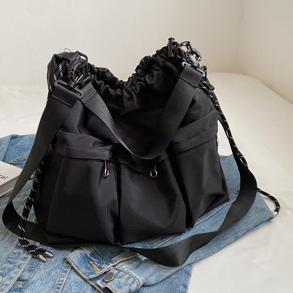 Functional Nylon Shoulder Bucket Bag with Drawstring and 3 Small Pockets