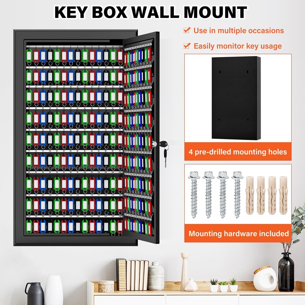 225 Keys Key Lock Box Wall Mount with Additional 16 Side Hooks and Key Tags, ...