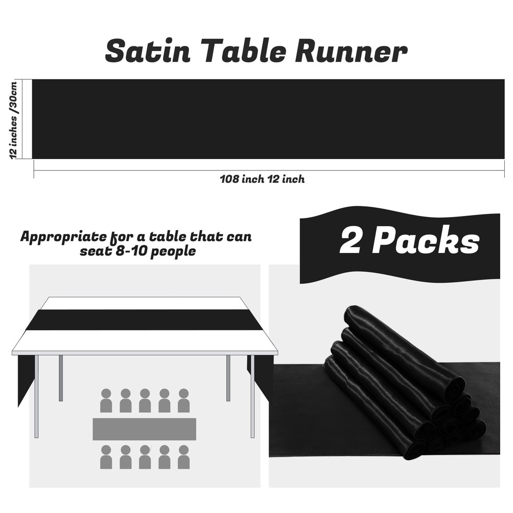 2 Pack 12x108 Inch Black Rectangular Smooth Satin Silk Table Runner for Wedding