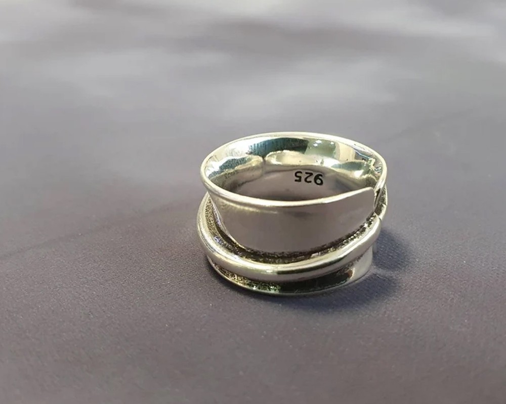 Solid 925Sterling Silver Adjustable Wrap Style Cuff Wide Boho Hammered Band Ring