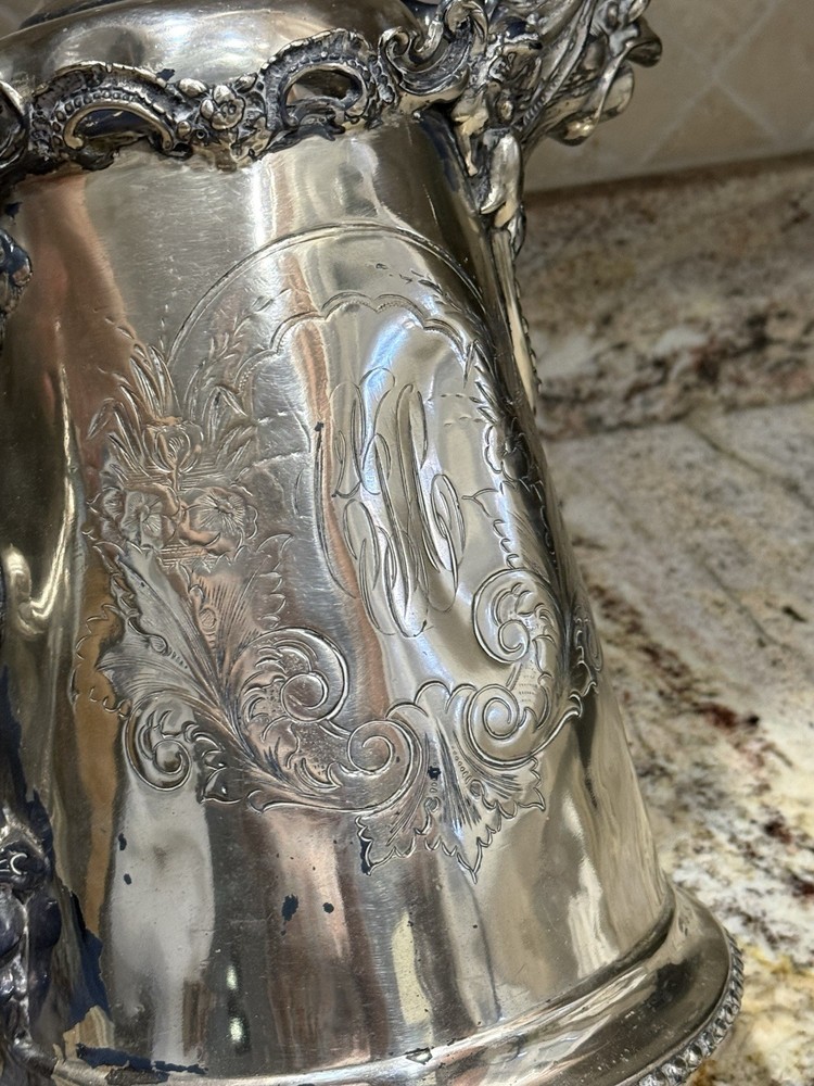⭐Antique Silver Plate Water Pitcher E Kaufman Eagle Animal Etched Details 12"