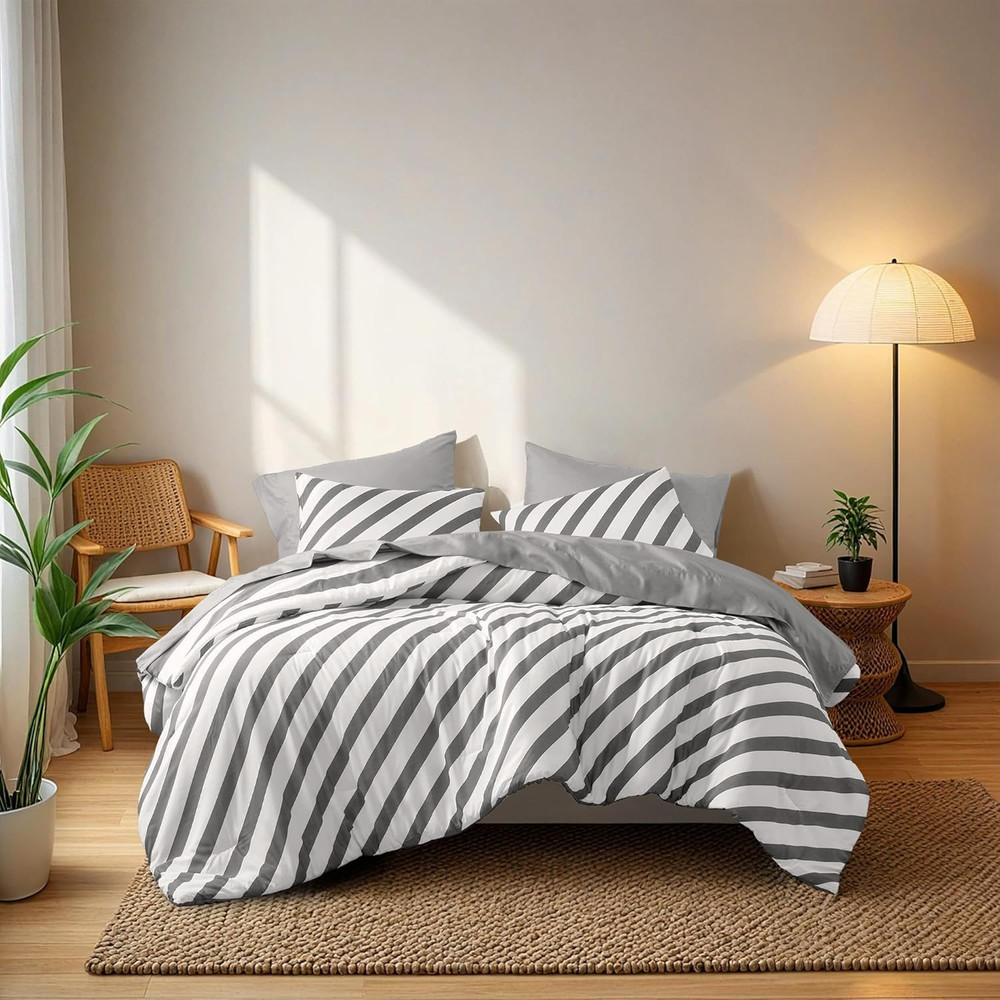 Reversible Striped Queen Comforter Set - Soft & Cozy Microfiber Bedding