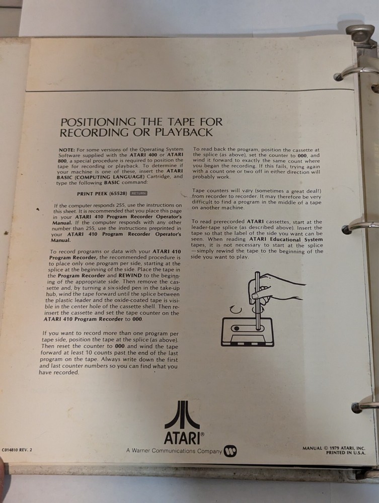 Vintage Atari 400/ 800 Personal Computer Basic Reference Operators Manual 1979