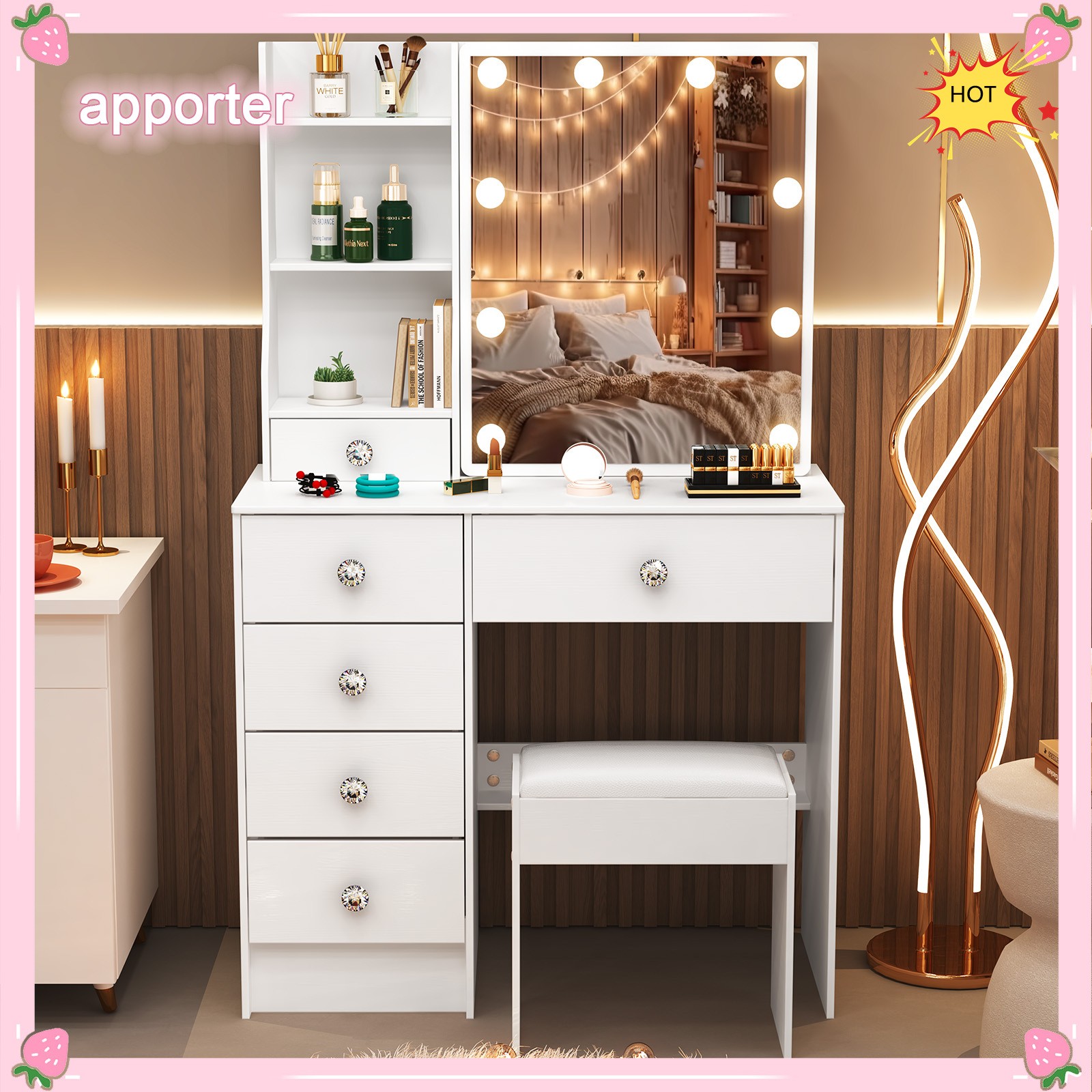 10 LED Lights w/3 Colors Mirror &Drawer Dresser Table Makeup Desk for Xams gifts