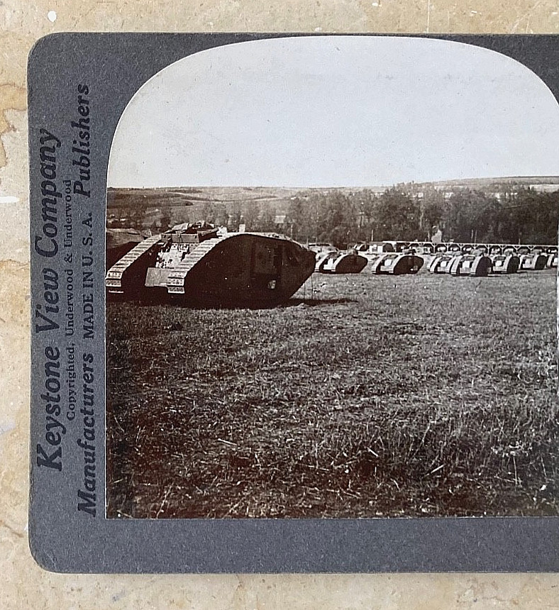 WW1 BRITISH - 40 BRITISH MARK V TANKS IN BETHUNE FRANCE - STEREO PHOTO c1917